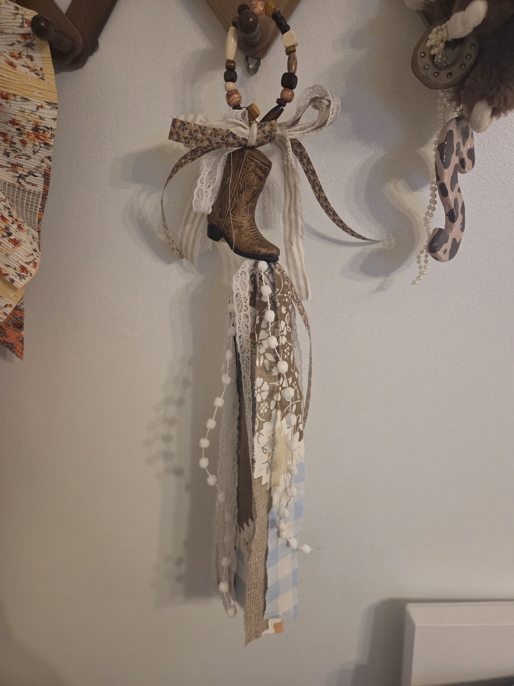 Brown Cowboy Boot Tassel Wall Hanging with Lace & Beaded Loop